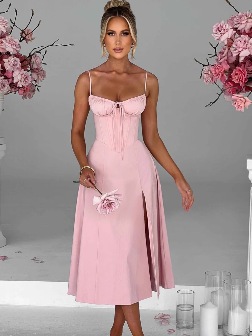 BabyBoo Deanna blush Midi Dress with Side Slit